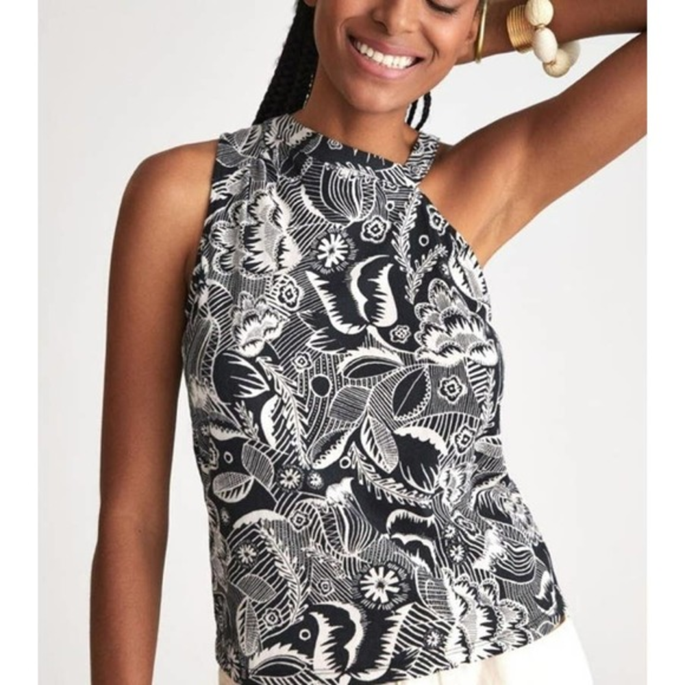 Anthropologie‎ Tank Top Women's XXS Black White Floral Asymmetrical Crop Blouse